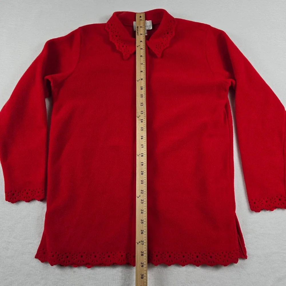 Sport Savvy Red Fleece Button Front‎ Top Eyelet Trim Scalloped Hem Women Medium